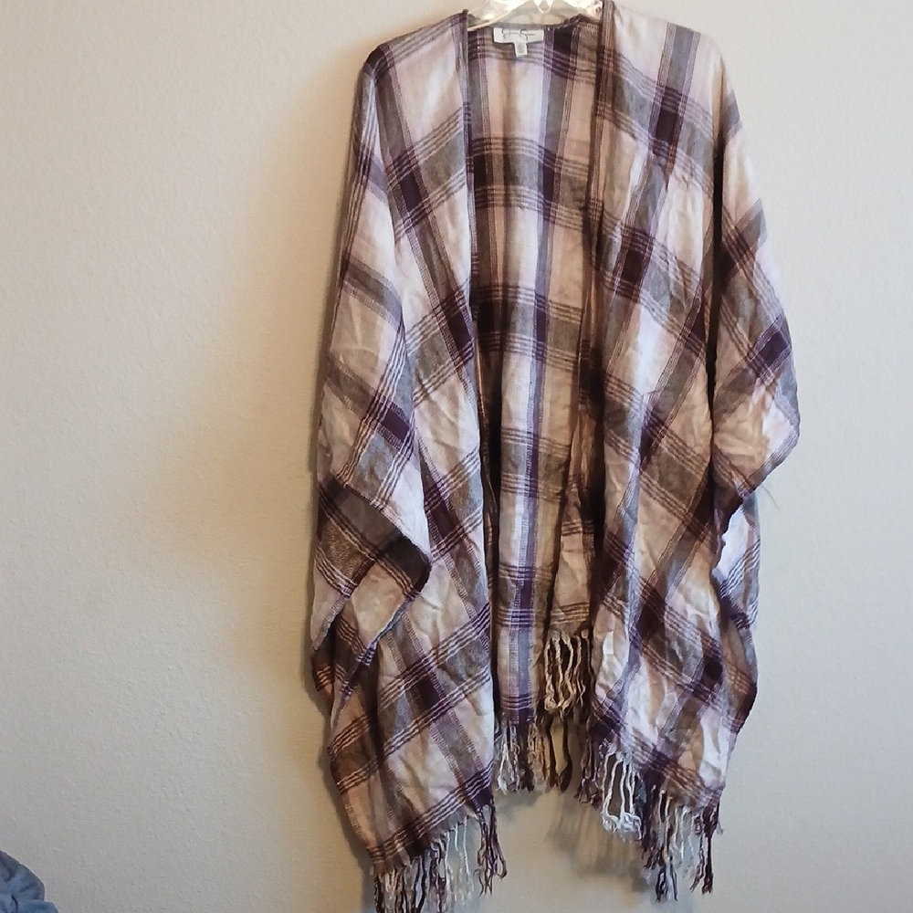 Jessica Simpson Open Front Wrap Plaid Pink Brown Cream O/S